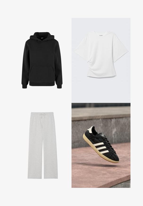 Zwarte capuchontrui met lange mouwen en een voorzak, gemaakt van zachte stof met geribbelde boorden en zoom.; Wit oversized T-shirt met korte mouwen en ronde hals, weergegeven op een lichtgrijze achtergrond.; Lichtgrijze joggingbroek van zachte katoenmix, met een wijd model, elastische tailleband met verstelbaar trekkoord en zonder zakken.; Zwarte Adidas sneaker met witte strepen en beige zool, vastgelegd in de lucht boven een stenen oppervlak en een stenen muur op de achtergrond.