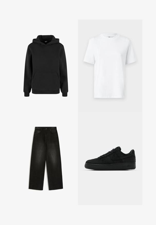 Zwarte capuchontrui met lange mouwen en een voorzak, gemaakt van zachte stof met geribbelde boorden en zoom.; Witte katoenen T-shirt met ronde hals, korte mouwen en een gladde textuur. Ontworpen met een comfortabele en veelzijdige relaxte pasvorm.; Zwarte denim jeans met wijde pijpen, knoop- en ritssluiting aan de voorkant, riemlussen en twee voorzakken op een witte achtergrond.; Zwarte Nike Air Force 1 sneakers hebben een gestructureerde bovenkant, gladde leren accenten, platte veters en een dikke rubberen zool met ribbeldetails.