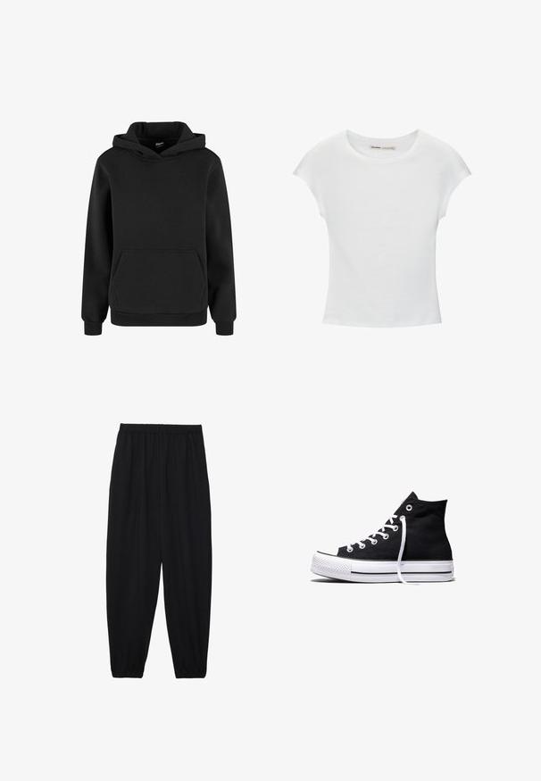 Schwarzer Kapuzenpullover mit langen Ärmeln und einer vorderen Kängurutasche, hergestellt aus weichem Stoff mit gerippten Bündchen und Saum.; Weißes Baumwoll-T-Shirt mit kurzen, aufgerollten Ärmeln, rundem Ausschnitt und geradem Saum. Glatte Textur ohne sichtbare Muster oder Akzente.; Schwarze, leichte Hosen mit einem elastischen Bund und gerafften Knöcheln. Der Stoff ist glatt und hat ein entspanntes, schmal zulaufendes Design.; Schwarzer High-Top-Canvas-Sneaker mit weißer Gummisohle und weißen Schnürsenkeln, seitlich dargestellt vor weißem Hintergrund.