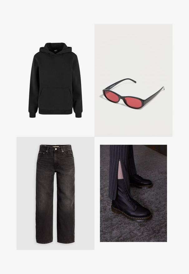 Zwarte capuchontrui met lange mouwen en een voorzak, gemaakt van zachte stof met geribbelde boorden en zoom.; Levi's® BAGGY DAD - Baggy jeans - shrink up; Zwarte leren veterschoenen met een gestructureerde afwerking, gele stiksels en een stevige, doorschijnende zool. Gecombineerd met gestreepte broeken met ritsen.; Zwarte ovale zonnebril met slanke pootjes en rood getinte glazen, rustend op een witte ondergrond.