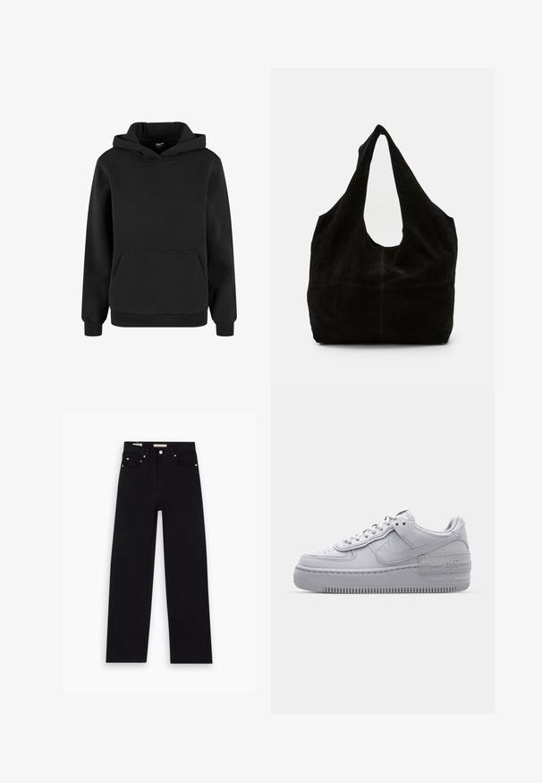 Sweat à capuche noir avec manches longues et poche kangourou à l'avant, confectionné en tissu doux avec poignets et ourlet côtelés.; Jean en denim noir avec une coupe droite, cinq poches, matériel en cuivre et texture lisse. Deux étiquettes visibles sur la taille.; Basket en cuir lisse gris Nike Air Force 1 avec un bout perforé, une semelle épaisse et un détail 'AIR' en relief sur le talon.; Sacoche en suède noir présentant un design décontracté, une large sangle courbée et une apparence homogène avec un minimum de coutures.