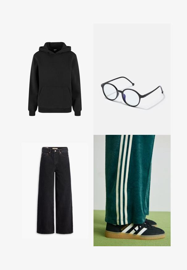 Sort hættetrøje med lange ærmer og en frontlomme, lavet af blødt stof med ribstrikkede manchetter og kant.; Sorte brede benjeans lavet af denim, med fem lommer, kobbernitter og en klassisk knaplukning. Glat tekstur med et rent design.; Grønne teksturerede bukser med hvide sidelince, parret med sorte Adidas sneakers med tre hvide striber og en gummisål.; Runde sorte briller med tynde stel, klare linser og en let lilla nuance på den ene side; slankt design med en poleret finish.