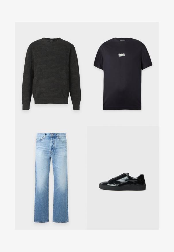 Strikket sort sweater med et tekstureret zigzag-mønster, rund halsudskæring og lange ærmer. Stoffet har en blød, åndbar tekstur.; Sort T-shirt med korte ærmer med en lille lyseblå rektangel og hvid ørnelogo centreret på brystet.; Lyseblå denimjeans med lige ben, design med fem lommer, knaplukning og diskret falmning på lår og knæ.; Sorte laklæder sneakers med rund tå, snørredesign, tekstureret gummisål og en glat overflade.