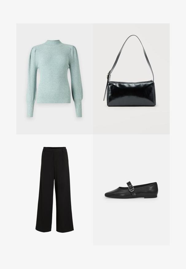 Pull en tricot bleu clair avec un col montant, des coutures d'épaule structurées et des manches longues ajustées. Texture douce avec une qualité extensible.; Pantalons noirs à jambe large fabriqués dans un tissu lisse. Ils présentent une taille ajustée avec un détail de pli subtil et un design épuré, sans ornements.; Chaussure plate en cuir noir avec un bout arrondi, une seule sangle réglable à boucle et une texture lisse et brillante. Design minimaliste avec un petit talon.; Sac d'épaule rectangulaire noir avec une sangle réglable unique et une fermeture éclair supérieure sur un fond uni.