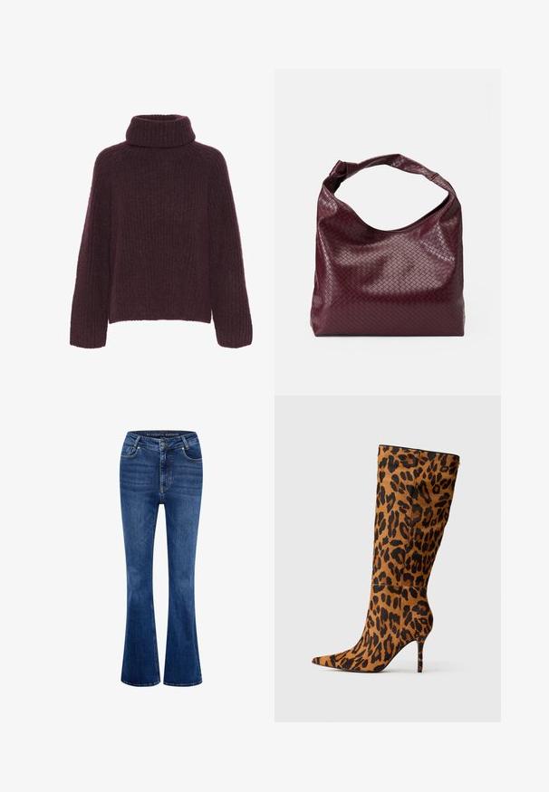 Bordeaux strikket sweater med en høj, foldet krave. Har et struktureret ribbet mønster og brede ærmer; lavet af blødt, varmt materiale.; Udstillede blå denim jeans med mid-rise talje, fem lommer og subtile syninger. Blød tekstur og klassisk design.; Brune leopardprint højhælede støvler med spidse tæer og tætsiddende design. Materialet fremstår glat med en let struktur.; Burgunderfarvet taske med et tekstureret, vævet mønster, blødt lædermateriale og et enkelt, knyttet håndtag. Rummeligt, hobo-stil design.