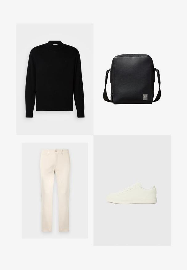 Sort langærmet sweater med høj hals, lavet af let strikket materiale. Har et diskret logo på brystet og tætsiddende manchetter.; Beige bomuldsbukser med lige pasform, der har en enkelt forlommek, knaplukning og subtle syninger.; Hvide sneakers med en glat overflade, rund tå og traditionel snøring, med et minimalistisk design og gummisål.; Sort tekstureret læder crossbody taske med justerbar rem og metalplade med Calvin Klein-logo foran.