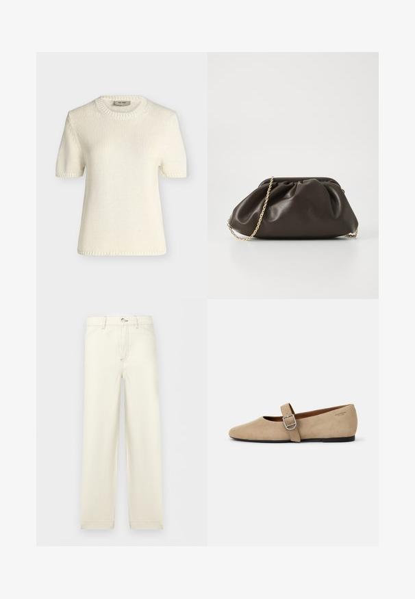 Pull en maille couleur crème à manches courtes avec col rond et poignets et ourlet côtelés, présenté sur un fond neutre.; Pantalon droit de couleur blanc cassé avec poches avant, fermeture à boutons et passants pour ceinture, présenté sur un fond clair uni.; Ballerines en daim beige de style Mary Jane avec un bout pointu et une seule sangle réglable dotée d'une boucle en métal argenté. Semelle plate noire.; Sac à main en cuir marron avec un design froncé, une bandoulière en chaîne dorée et une finition douce et texturée. Sa forme compacte est idéale pour une utilisation en soirée.