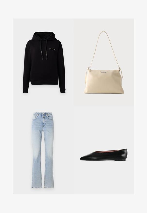 Zwarte hoodie van zacht materiaal, met een voorzak, ribgebreide manchetten, trekkoorden en een gouden geborduurd logo op de borst.; Lichtblauwe jeans met een hoge taille, uitlopende pijpen en een subtiele vervaagde textuur. Voorzien van een knoop- en ritsluiting, met vijf zakken.; Zwarte leren damesschoen met platte zool, puntige neus en lage hak, zijwaarts afgebeeld tegen een effen lichtgrijze achtergrond.; Crèmekleurige leren schoudertas met een zilveren gevleugeld embleem en een dunne riem tegen een effen achtergrond.