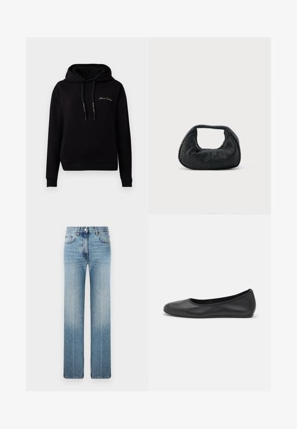 Zwarte hoodie van zacht materiaal, met een voorzak, ribgebreide manchetten, trekkoorden en een gouden geborduurd logo op de borst.; Lichtblauwe rechte spijkerbroek van denim, met subtiele vervaging, klassiek vijf-pocket ontwerp en een metalen knoopsluiting in de taille.; Zwarte leren ballerina met een ronde neus, gladde textuur, minimale stikdetails en een flexibele zoolontwerp.; Zwarte geweven hobo-tas met een zachte structuur en geïntegreerd handvat, weergegeven op een effen lichte achtergrond.