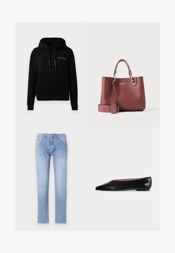 Schwarzer Hoodie aus weichem Material, mit einer Fronttasche, gerippten Bündchen, Kordelzügen und goldenen, gestickten Logo auf der Brust.; Helle blaue Jeans aus Denim mit geradem Schnitt, Fünf-Taschen-Design und heller Wäsche. Verfügt über einen Knopfverschluss und standardmäßige Gürtelschlaufen.; Schwarzer flacher Damenleder-Schuh mit spitzer Kappe und niedrigem Absatz, von der Seite auf einfarbigem hellgrauem Hintergrund gezeigt.; Ledertasche von Emporio Armani in Dunkelrosa mit zwei Griffen, silberfarbenen Beschlägen und einem verstellbaren Stoffriemen mit eingeprägtem Markennamen.