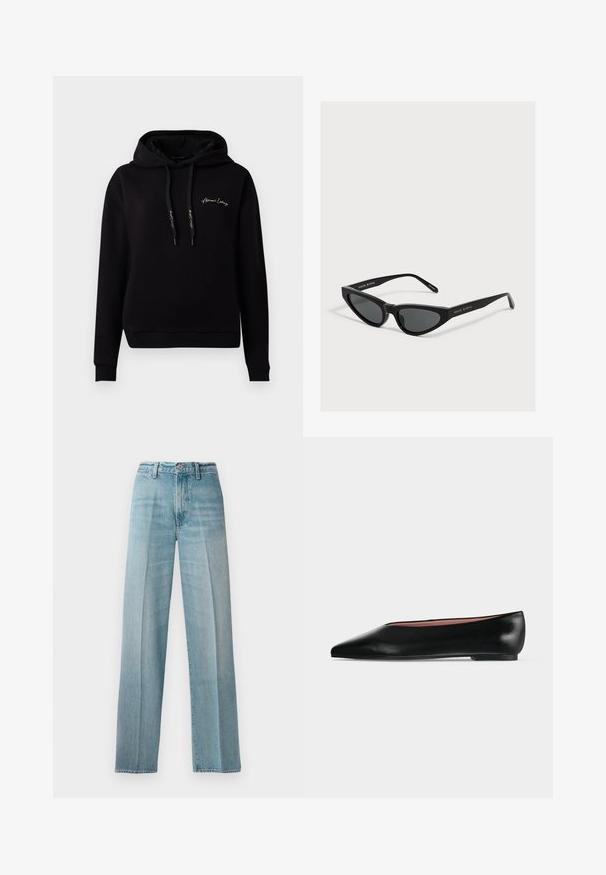 Schwarzer Hoodie aus weichem Material, mit einer Fronttasche, gerippten Bündchen, Kordelzügen und goldenen, gestickten Logo auf der Brust.; Hellblaue Denim-Jeans mit hoher Taille, geradem Bein, dezentem Fading, Kupferriegeln und einem klassischen Knopfverschluss an der Vorderseite.; Schwarzer flacher Damenleder-Schuh mit spitzer Kappe und niedrigem Absatz, von der Seite auf einfarbigem hellgrauem Hintergrund gezeigt.; Schwarze Cateye-Sonnenbrille mit dunklen Gläsern und dünnen Bügeln, seitlich mit "MAGDA BUTRYM" gebrandet.