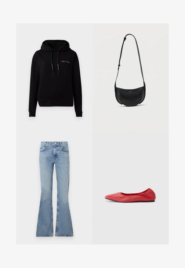 Must must, mis pehmeast kangast, ees oleva tasku, soonikkoesade, jooned ja kuldne tikandiga logo rinnal.; Heledad sinine flare-jeans, mis on valmistatud denimist, kõrge vöökoha, viie tasku disaini ja kangas õrnade fadestruktuuridega.; Filippa K REY FLATS - Baleriinad - bright red; Mustast nahast poolkuu-kujuline õlakott reguleeritava rihma ja väikese kuldse logoga ees keskel.