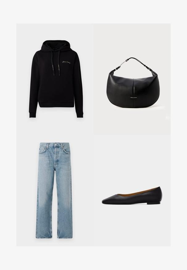 Schwarzer Hoodie aus weichem Material, mit einer Fronttasche, gerippten Bündchen, Kordelzügen und goldenen, gestickten Logo auf der Brust.; Hellblaue Jeans aus Denim mit hoher Taille, weitem Bein und fünf Taschen. Mit Knopfverschluss und dezenten Verblassungen.; Schwarzer flacher Schuh aus Leder mit spitz zulaufender Vorderkappe, niedrigem Absatz und glatter Oberfläche, von der Seite vor einem hellgrauen Hintergrund dargestellt.; Schwarze Lederhandtasche mit einer runden Form, ausgestattet mit einem glänzenden Riemen und einem dezenten Logo-Schild. Glatte Textur und minimalistisches Design.