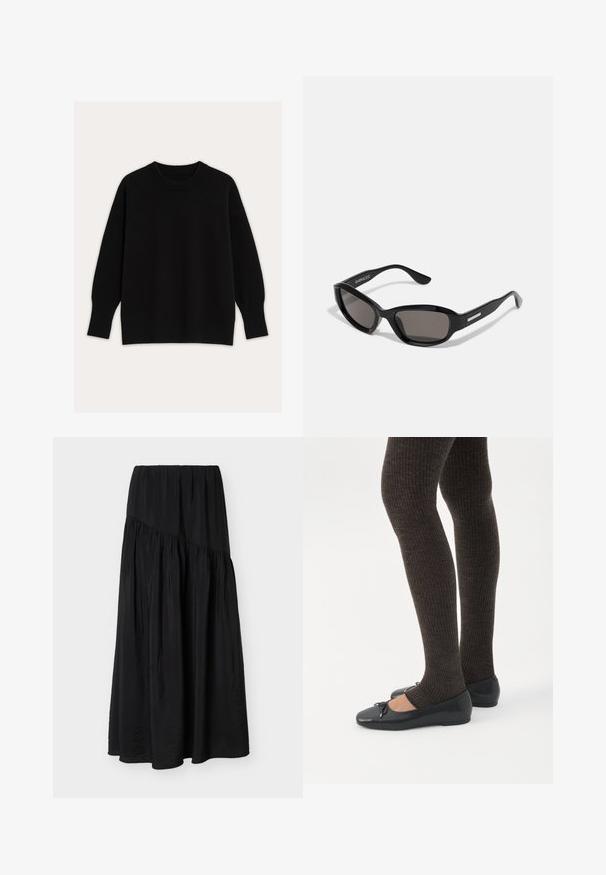 Sort strikket sweater med rund halsudskæring, faldende skuldre samt ribstrikkede manchetter og kant. Glat tekstur med en løs pasform.; Sort ankel-lang nederdel med opsamlet stof og en diagonal sømdetalje på tværs foran.; Ben iført mørke ribbede leggings kombineret med sorte balletsko med små sløjfedetaljer på hvid baggrund.; Sorte solbriller med rektangulært stel, mørke linser, glat plastmateriale og en metalaccent på templet.
