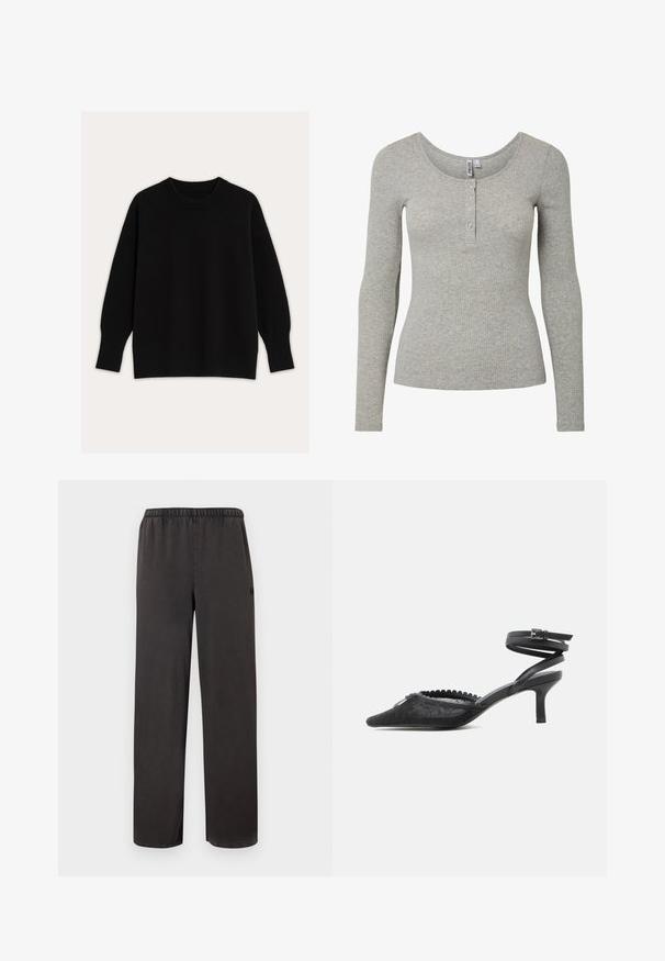 Pull noir en tricot avec un col rond, des épaules tombantes, et des poignets et ourlet côtelés. Texture lisse avec une coupe ample.; Haut à manches longues gris clair côtelé avec encolure ronde et patte de boutonnage à quatre boutons, silhouette ajustée et tissu tricoté doux.; Pantalon noir droit avec taille élastique, coupe ample et coutures très discrètes sur un fond clair.; Escarpin noir à bout pointu avec talon kitten, dessus en dentelle, bord festonné et bride autour de la cheville avec fermeture à boucle.
