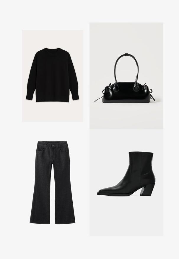 Sort strikket sweater med rund halsudskæring, faldende skuldre samt ribstrikkede manchetter og kant. Glat tekstur med en løs pasform.; Sorte denim flared jeans med høj talje, fem lommen design, kontrast syninger og klassisk knaplukning.; Sortlæder ankelstøvle med spids tå, en slank silhuet og en kraftig firkantet hæl. Glat tekstur med minimale stikninger.; Lille sort blank håndtaske med to lange håndtag og snøre-detaljer i siden på en ensfarvet lys baggrund.