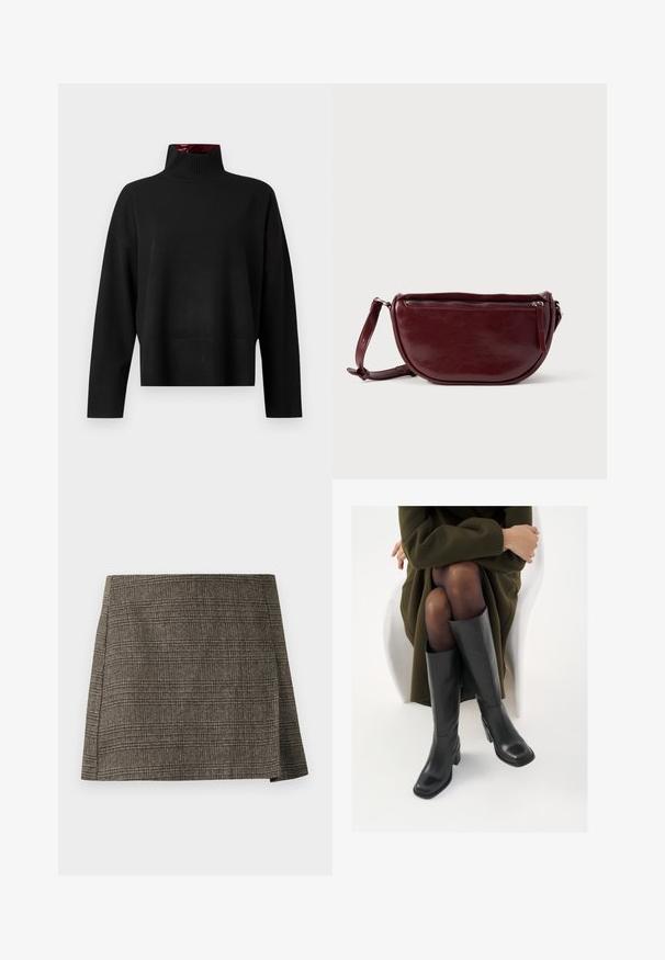 Pull à col roulé noir, fabriqué en tissu tricot doux. Doté d'un col et de poignets côtelés, avec une coupe décontractée et une longueur courte.; Jupe mini à carreaux marron et gris avec une subtile fente latérale, coupe droite et tissu texturé.; Bottes en cuir noires arrivant au genou, avec un bout carré et un talon carré, présentées sur un modèle assis dans un manteau vert olive. Texture lisse, détails minimaux.; Sac à main en cuir marron foncé avec une forme en demi-lune, une fermeture éclair et une bandoulière amovible. Texture lisse avec un léger éclat.