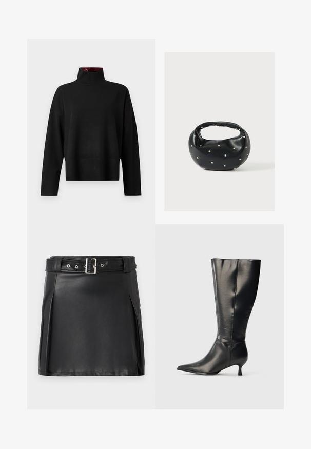 Sort turtleneck sweater, lavet af blødt strikstof. Har en ribbet krave og manchetter, med en afslappet pasform og cropped længde.; Sort faux læder mini nederdel med en tætsiddende pasform, sidesyninger og et bælte med en sølvfarvet spænde og øjne. Glat tekstur, høj talje.; Sort knæhøj læderstøvle med spids tå og lav kittenhæl, vist på en enkel lys baggrund.; Sort læderhåndtaske med en rundet form, dekoreret med sølvnitter, og et kort håndtag. Glat tekstur og lynlåslukning.