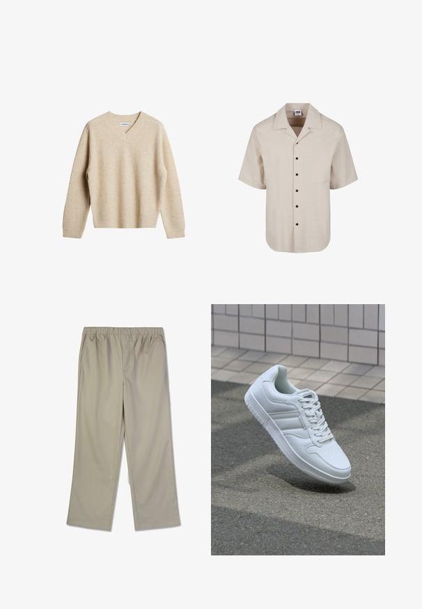 Suéter de punto acanalado beige con escote en V y mangas largas. Presenta un ajuste relajado y una tela texturizada para mayor calidez y comodidad.; Camisa beige de manga corta con textura, botones negros y un bolsillo en el pecho, con un cuello ancho.; Pantalones de tiro ancho color beige con cinturilla elástica, dos bolsillos laterales y una textura de tela suave.; Zapatilla atlética blanca con parte superior de cuero suave, cierre de cordones en el frente, puntera perforada y suela con patrón. Diseño minimalista con tres rayas laterales.
