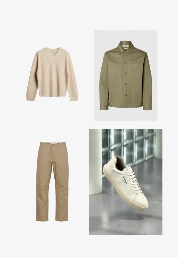 Pull en maille côtelée beige avec un col en V et des manches longues. Présente une coupe décontractée et un tissu texturé pour plus de chaleur et de confort.; Chemise à manches longues vert olive avec col pointu, boutons à l'avant et une poche poitrine sur un fond clair uni.; Pantalons en coton beige avec une coupe droite, présentant une fermeture éclair et un bouton à l'avant, des poches latérales et une finition soignée.; Baskets en toile blanche avec semelle et lacets beige, logo "AllSaints London" sur le côté, flottant au-dessus d'un sol gris poli près de blocs de verre.