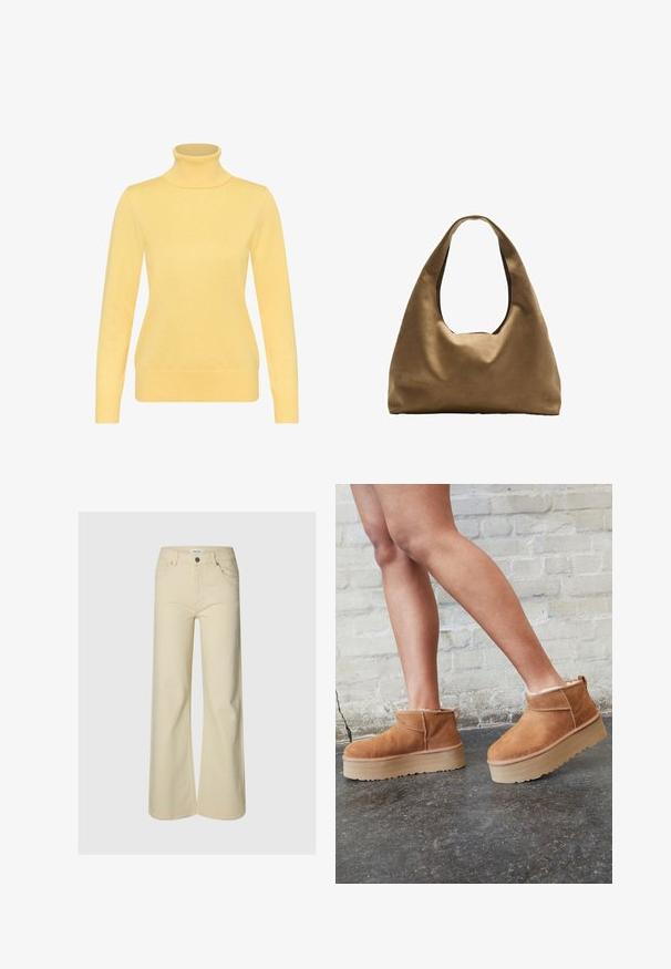 Pull à col roulé jaune en maille douce et lisse. Coupe ajustée avec manches longues et poignets côtelés, présentant un style col roulé classique.; Pantalon beige taille haute à jambes larges avec bouton frontal, fermeture éclair, passants pour ceinture et deux poches avant sur fond uni.; Bottines en suède marron avec une doublure en peluche, semelle épaisse en beige et une poignée à l'arrière. Surface texturée avec des détails de couture visibles.; Sac à épaule en tissu marron avec un corps large et arrondi et une grande poignée découpée. Texture douce, design minimaliste et aucun matériel visible.