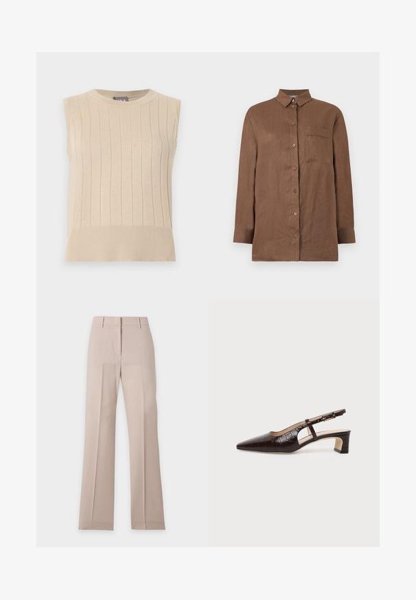 Pull beige sans manches en maille avec un motif côtelé vertical et un ourlet large, comprenant un col rond.; Chemise marron à manches longues avec boutons, col et une poche poitrine unique, en tissu texturé.; Pantalon beige à jambes droites avec passants de ceinture et pli devant, présenté à plat sur fond blanc.; Chaussure slingback en cuir marron foncé à texture crocodile, bout pointu, talon bas bloc et bride ajustable avec boucle dorée.