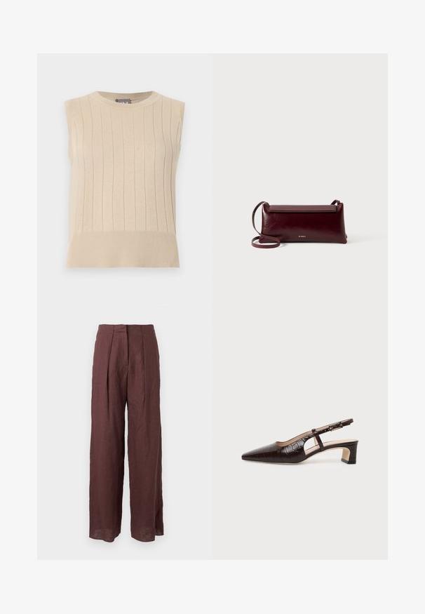 Pull beige sans manches en maille avec un motif côtelé vertical et un ourlet large, comprenant un col rond.; Pantalon large taille haute marron foncé avec plis sur le devant et taille structurée, fabriqué en tissu léger.; Chaussure slingback en cuir marron foncé à texture crocodile, bout pointu, talon bas bloc et bride ajustable avec boucle dorée.; Sac à bandoulière en cuir bordeaux avec une texture lisse, de forme rectangulaire, fermeture à rabat et une fine sangle réglable. Détail du logo doré visible.