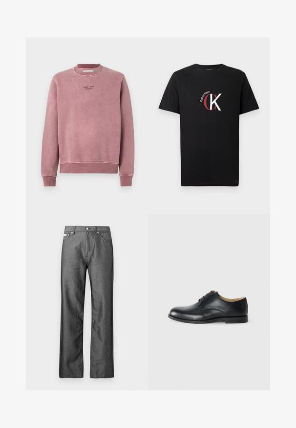 Sweat-shirt rose pâle en tissu texturé, avec des poignets et un col côtelés, et des détails de logo brodés en noir sur le devant.; T-shirt en coton noir arborant un logo "Calvin Klein" blanc et rouge avec un motif graphique stylisé "CK" à l'avant. Manches courtes.; Jean en denim gris avec une coupe droite, cinq poches, et des accents en boutons métalliques et rivets. Présente une texture subtile.; Calvin Klein ESS DERBY - Derbies - triple black