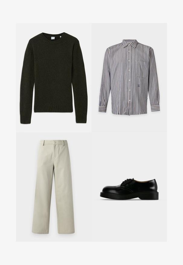 Mørkegrøn strikket sweater med rund halsudskæring, ribbedeærmer og kant. Blød tekstur, lange ærmer og enkelt design uden mønstre.; Langærmet skjorte med knapper, blå og hvide lodrette striber og brystlomme på hvid baggrund.; Han Kjøbenhavn WIDE LEG - Bukser - light grey; Sort poleret læder snørestøvle med tyk sål, rundet tå og lav hæl, vist fra siden på en ensfarvet baggrund.