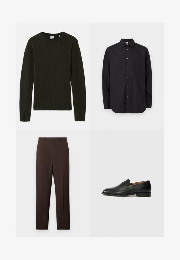 Mørkegrøn strikket sweater med rund halsudskæring, ribbedeærmer og kant. Blød tekstur, lange ærmer og enkelt design uden mønstre.; Sort langærmet skjorte med knapper og standardkrave, med en kontrasterende brun øverste knap, vist på en lys baggrund.; Mørkebrune, skræddersyede bukser med lige ben, forreste presninger og bæltestropper, vist på en ensfarvet hvid baggrund.; Sort læder loafer med rund tå, diskret syning, og lav hæl, der har en glat tekstur og minimalistisk design.