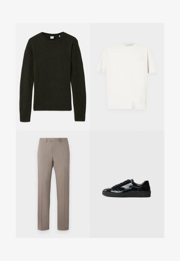 Mørkegrøn strikket sweater med rund halsudskæring, ribbedeærmer og kant. Blød tekstur, lange ærmer og enkelt design uden mønstre.; Hvid kortærmet t-shirt, lavet af blødt bomuld, med rund halsudskæring og almindelig pasform. Glat tekstur og minimalistisk design.; Beige skræddersyede bukser med lige ben, bæltestropper, forlynlås og pressede presninger, vist på en hvid baggrund.; Sorte laklæder sneakers med rund tå, snørredesign, tekstureret gummisål og en glat overflade.