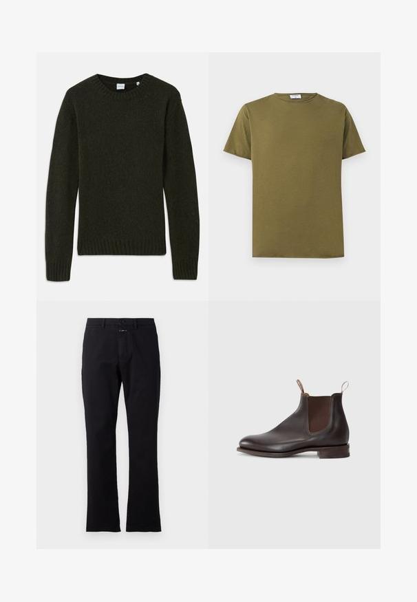 Mørkegrøn strikket sweater med rund halsudskæring, ribbedeærmer og kant. Blød tekstur, lange ærmer og enkelt design uden mønstre.; Enkel olivengrøn kortærmet bomulds-T-shirt med rund halsudskæring og synligt hvidt mærke indeni kraven.; Sorte bomuldsbukser med lige ben, forreste knaplukning og to sidelommer; glat tekstur uden synlige mønstre.; Brun læder Chelsea-støvle med elastiske sidepaneler, trækflap, rund tå og en lav stablet hæl. Glat tekstur, minimalistisk design.