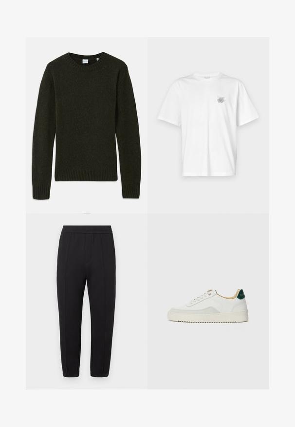 Pull en maille de couleur vert foncé avec un col rond, des poignets et un ourlet côtelés. Texture douce, manches longues et design simple sans motifs.; T-shirt blanc en coton avec des manches courtes, un col ras du cou et un petit logo gris sur la partie gauche de la poitrine. Texture lisse.; Pantalon de jogging noir avec taille élastique, coupe fuselée, plis à l'avant, poches latérales et poignets élastiques aux chevilles.; Baskets blanches avec des accents en daim, bout arrondi, lacets plats et semelle en caoutchouc crème. Présente une marque verte sur le talon.