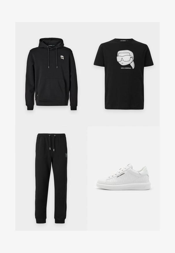 Sudadera negra con bolsillo frontal, capucha con cordones y detalle del logo en el lado izquierdo del pecho. Fabricada en tela suave con puños y dobladillo acanalados.; Camiseta de algodón negra con un gráfico blanco de un personaje estilizado que lleva gafas de sol grandes, con el texto "KARL LAGERFELD" debajo de la imagen.; Pantalones de chándal negros hechos de un tejido suave que cuentan con una cintura elástica con cordón, bolsillos laterales y puños ajustados en los tobillos.; Zapatilla blanca hecha de cuero suave con un patrón en relieve. Presenta punta redonda, cordones en la parte frontal y suela texturizada. Detalle del logo en plata en el lateral.