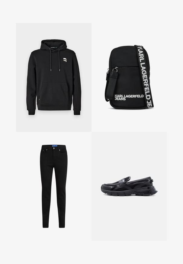 Schwarzer Hoodie mit einer Kängurutasche, einer Kapuze mit Kordelzug und Logo-Detail auf der linken Brust. Hergestellt aus weichem Stoff mit gerippten Bündchen und Saum.; Schwarze Slim-Fit-Jeans aus Denim, mit einem Fünf-Taschen-Design, Knopfverschluss und kontrastierendem blauen Etikett am Bündchen.; Schwarzer Slip-On-Sneaker mit dicker, strukturierter Sohle und Mesh-Einsätzen, entworfen für Freizeit- und Sportkleidung.; Schwarze Stoff-Crossbody-Tasche mit rechteckiger Form, ausgestattet mit einer Reißverschlusstasche an der Vorderseite und einem kontrastierenden Logo-Gurt in Weiß.