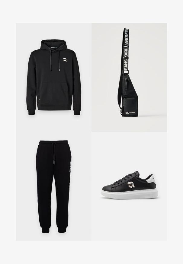 Sudadera negra con bolsillo frontal, capucha con cordones y detalle del logo en el lado izquierdo del pecho. Fabricada en tela suave con puños y dobladillo acanalados.; Pantalones de chándal negros de tejido suave, con una cintura elástica y cordón, piernas ajustadas y un logo en el costado.; Zapatillas de cuero negro con suela blanca, con un diseño de dibujos animados en el lateral, cordones redondos y un logotipo en el talón y la lengua.; Bolso bandolera negro con bolsillo frontal con cremallera y correa ajustable impresa con "KARL LAGERFELD JEANS" en letras blancas.