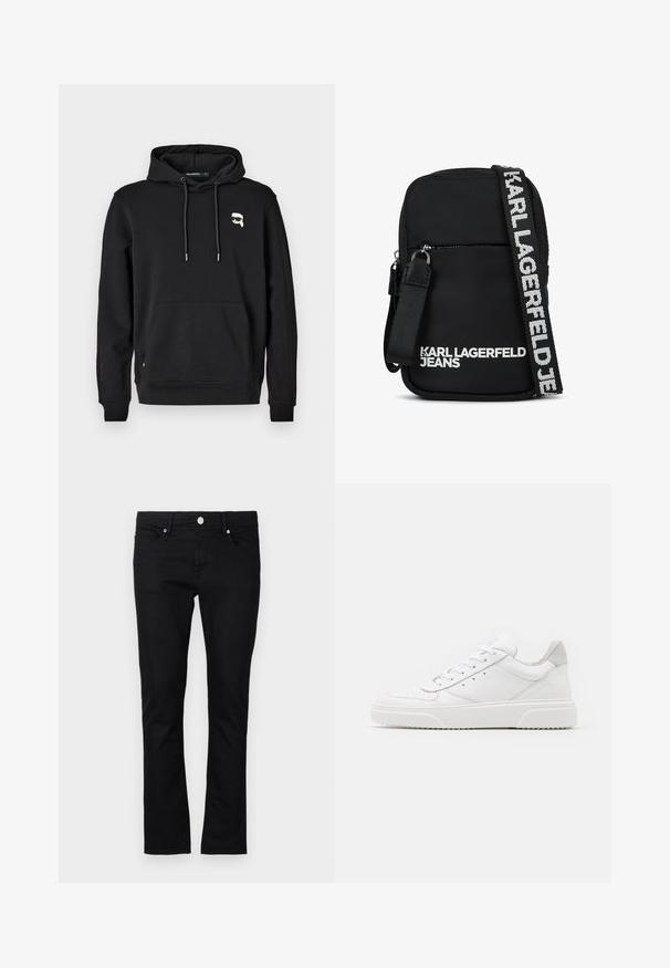 Sudadera negra con bolsillo frontal, capucha con cordones y detalle del logo en el lado izquierdo del pecho. Fabricada en tela suave con puños y dobladillo acanalados.; Jeans de mezclilla negra con un corte ajustado, diseño de pierna recta, estilo de cinco bolsillos y cierre de botón metálico, con detalles de costura mínimos.; Zapatillas de cuero blanca con un acabado suave, punta redondeada, cordones planos y una suela texturada. Acento de ante gris en el talón.; Bolso cruzado de tela negra con forma rectangular, que cuenta con un bolsillo frontal con cremallera y una bandolera con logo en blanco en contraste.