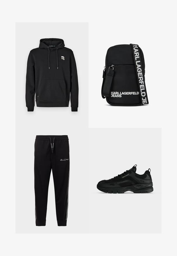 Sudadera negra con bolsillo frontal, capucha con cordones y detalle del logo en el lado izquierdo del pecho. Fabricada en tela suave con puños y dobladillo acanalados.; Pantalones deportivos negros de mezcla de algodón, con una cinturilla acanalada, rayas laterales en blanco y bordado del logo en el muslo izquierdo delantero.; Zapatilla negra de perfil bajo con paneles de malla y cuero, con la marca "Armani Exchange" en el lateral, con una suela gruesa y tiradores en la lengüeta y el talón.; Bolso cruzado de tela negra con forma rectangular, que cuenta con un bolsillo frontal con cremallera y una bandolera con logo en blanco en contraste.