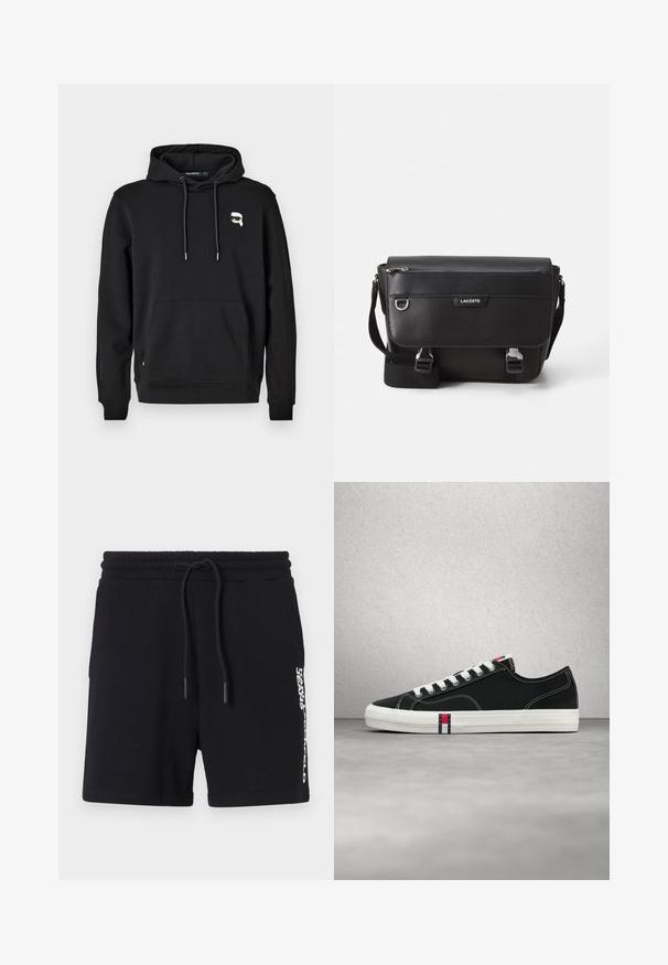 Schwarzer Hoodie mit einer Kängurutasche, einer Kapuze mit Kordelzug und Logo-Detail auf der linken Brust. Hergestellt aus weichem Stoff mit gerippten Bündchen und Saum.; Schwarze Baumwollshorts mit einem Kordelzugbund, die auf der Seite mit einem weißen Logo-Print ausgestattet sind und eine glatte Textur aufweisen. Klassisches Design.; Schwarzer Low-Top-Sneaker mit weißen Schnürsenkeln und Sohle, versehen mit dem rot-weiß-blauen Tommy Hilfiger-Logo auf der Zunge und Seite.; Schwarze, strukturierte Lacoste-Umhängetasche mit verstellbarem Tragegurt, Frontklappe, Reißverschlusstasche und Metallschnallen.