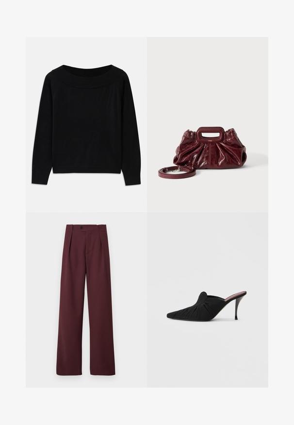 Pull noir avec un large décolleté arrondi, des manches longues et une texture lisse et douce. Présente un design minimaliste sans motifs visibles.; CLOSED MAWSON - Pantalon classique - dark raisin red; Mule noir à talon haut avec bout pointu, tissu doux à texture froncée sur le devant et talon aiguille fin.; Petit sac à main en cuir rouge foncé avec texture froncée, poignée rectangulaire découpée pour la main et bandoulière détachable sur fond blanc.
