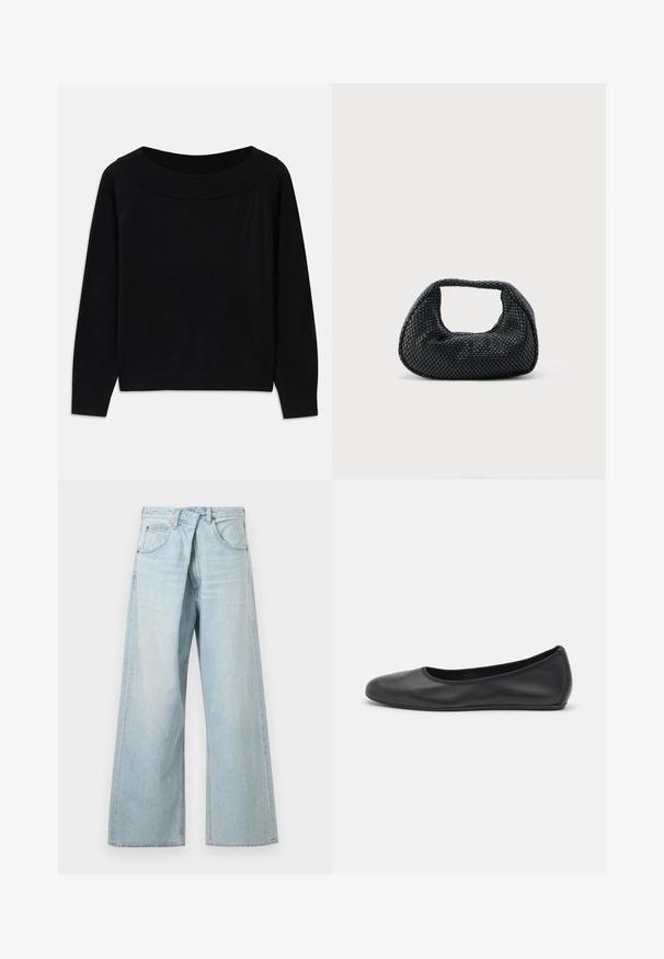 Schwarzer Pullover mit weitem, rundem Ausschnitt, langen Ärmeln und einer glatten, weichen Textur. Minimalistisches Design ohne sichtbare Muster.; Hellblaue Jeans mit weitem Bein, Gürtelschlaufen und Vordertaschen, von vorne auf einfachem Hintergrund dargestellt.; Schwarze Leder-Ballettschuhe mit abgerundeter Spitze, glatter Textur, minimalen Nähdetails und einem flexiblen Sohlen-Design.; Schwarze gewebte Hobo-Tasche mit weicher Struktur und integriertem Griff, dargestellt vor einem schlichten hellen Hintergrund.