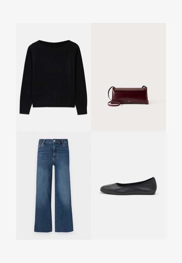 Pull noir avec un large décolleté arrondi, des manches longues et une texture lisse et douce. Présente un design minimaliste sans motifs visibles.; Jean denim à jambes larges, teinte bleu moyen, doté d'une fermeture par bouton et glissière, cinq poches et des détails de couture subtils.; Ballerines en cuir noir avec un bout rond, texture lisse, détails de couture minimalistes et design de semelle flexible.; Sac à bandoulière en cuir bordeaux avec une texture lisse, de forme rectangulaire, fermeture à rabat et une fine sangle réglable. Détail du logo doré visible.