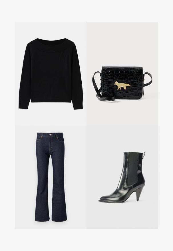 Sort sweater med en bred, rund halsudskæring, lange ærmer og en glat, blød tekstur. Har et minimalistisk design uden synlige mønstre.; Mørkeblå denim jeans med vidde ved benene og højtaljet, med synlige syninger, forreste knaplukning og standard design med fem lommer.; Sort, blanklæder ankelstøvle med spids tå, elastisk sidepanel, pull-tab bagpå og en mid-højde konisk hæl.; Sort skuldertaske i krokodillepræget læder med lang rem og guldfarvet lås formet som en ræv på frontklappen.
