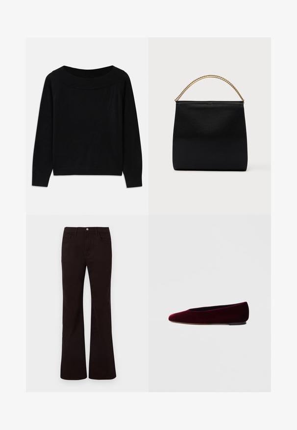 Pull noir avec un large décolleté arrondi, des manches longues et une texture lisse et douce. Présente un design minimaliste sans motifs visibles.; Jean noir évasé taille haute avec bouton avant, fermeture éclair, passants pour ceinture, poches avant et arrière sur fond blanc.; Ballerines en velours bordeaux avec un bout arrondi et un talon bas, présentant une texture lisse et un design élégant.; Sac noir en tissu lisse, présentant une forme structurée, une poignée en chaîne dorée et un design géométrique minimaliste.