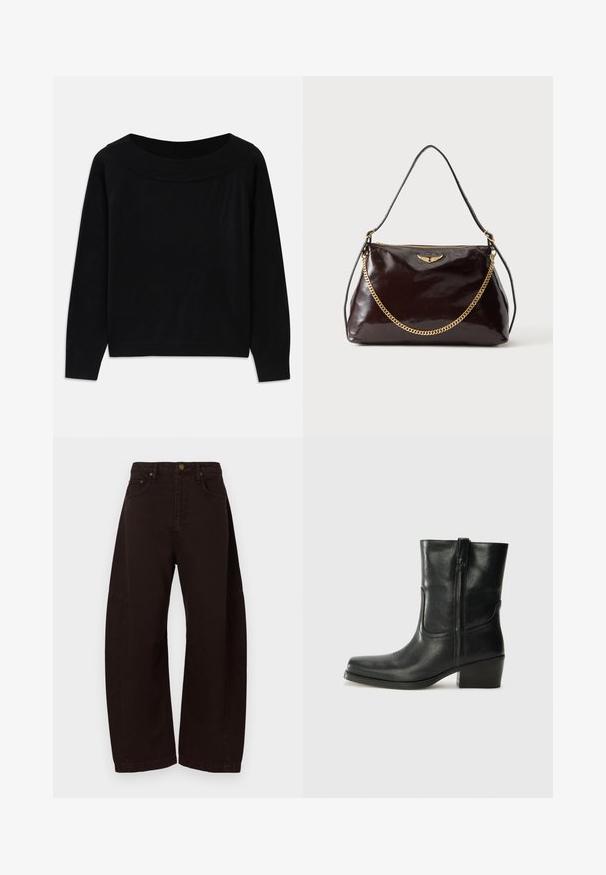 Sort sweater med en bred, rund halsudskæring, lange ærmer og en glat, blød tekstur. Har et minimalistisk design uden synlige mønstre.; Sorte vidde bukser i denim med høj talje, lukning med metalknap og sidelommer. Glat tekstur, lige snit.; Sort læder ankelstøvle med rundt tå, blokhæl, lynlås i siden og stikninger på vampsiden. Glat tekstur, klassisk design.; Mørkebrun blank læderhåndtaske med et gyldent vingeemblem, gyldent kædedetalje og en tynd læder skulderrem på en ensfarvet baggrund.
