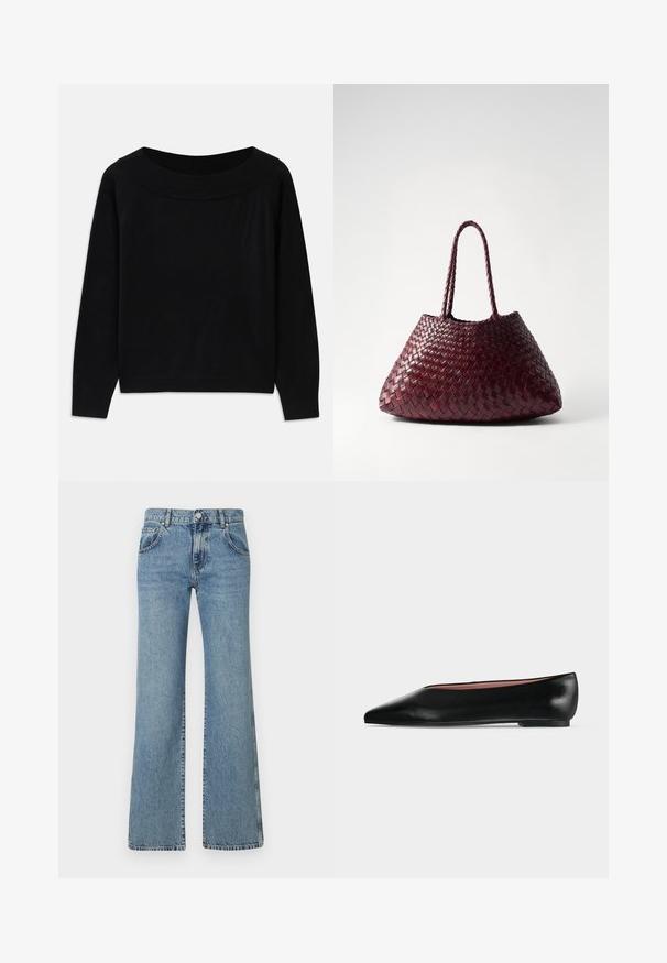 Zwarte trui met een brede, ronde halslijn, lange mouwen en een soepele, zachte textuur. Heeft een minimalistisch ontwerp zonder zichtbare patronen.; Lichtblauwe, flared jeans van denimstof, met een tailleband met een knoopsluiting, vijf zakken en een klassiek gestikt ontwerp.; Zwarte leren damesschoen met platte zool, puntige neus en lage hak, zijwaarts afgebeeld tegen een effen lichtgrijze achtergrond.; DRAGON DIFFUSION SANTA CROCE BIG - Handtas - bordo