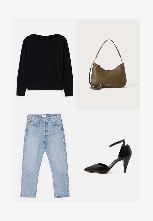 Zwarte trui met een brede, ronde halslijn, lange mouwen en een soepele, zachte textuur. Heeft een minimalistisch ontwerp zonder zichtbare patronen.; Lichtblauwe denim jeans met een klassieke rechte pasvorm, vijf zakken en een knoopsluiting, met subtiele vervaging en een stevige textuur.; Zwarte leren pump met spitse neus, enkelriem en kegelvormige hak op een witte achtergrond.; Olijfgroene leren handtas met korte en lange banden, goudkleurige details en het Michael Kors-logo in goud vlak bij de onderkant op een effen achtergrond.
