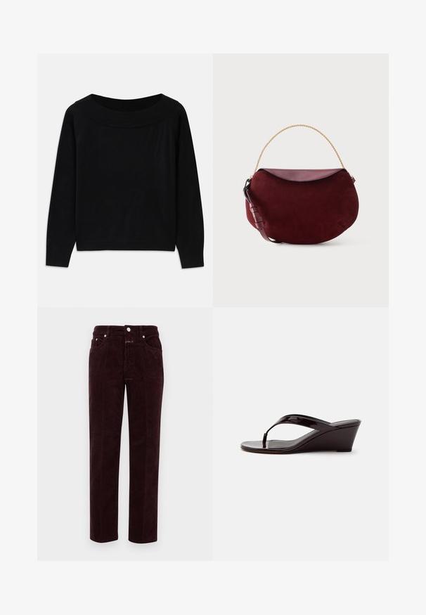 Pull noir avec un large décolleté arrondi, des manches longues et une texture lisse et douce. Présente un design minimaliste sans motifs visibles.; Pantalons en velours côtelé bordeaux à coupe droite, avec poches avant et quincaillerie en métal argenté. Le tissu présente une texture côtelée.; Sandale compensée en cuir verni marron avec bride entre les orteils et bout ouvert, vue de profil sur un fond uni.; Sac à main en forme de croissant en daim rouge foncé avec rabat en cuir lisse, poignée en chaîne dorée et bandoulière en cuir réglable sur fond blanc.