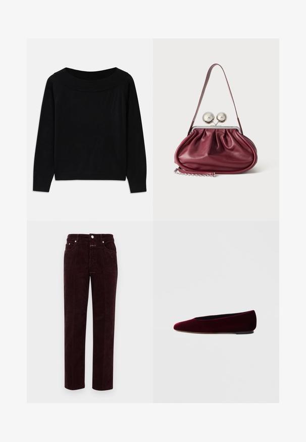 Must mustre with laia, ümar kaelus, pika varrukaga ja sujuva, pehme tekstuuriga. Omab minimalistlikku disaini, ilma nähtavate mustriteta.; Burgundi värvi karedad püksid sirge lõikega, esikülgedel taskud ja hõbedast metallist detailid. Kanga pinnal on ribasid.; Burgundia sametist baleriinasussid ümmarguse ninaga ja madala kontsaga, mis on sileda tekstuuri ja elegantse disainiga.; Väike burgundia nahast käekott kortsudetailidega, õhukese rihmaga ja kahe suure ringikujulise nööbiga hõbedane kinnitus.