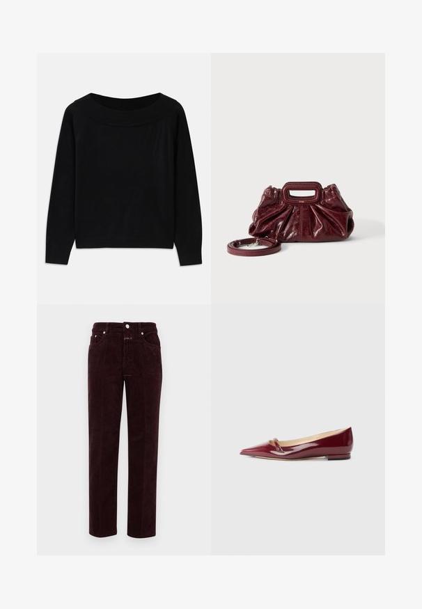 Must mustre with laia, ümar kaelus, pika varrukaga ja sujuva, pehme tekstuuriga. Omab minimalistlikku disaini, ilma nähtavate mustriteta.; Burgundi värvi karedad püksid sirge lõikega, esikülgedel taskud ja hõbedast metallist detailid. Kanga pinnal on ribasid.; Burgundi värvi patendinahast madalad kingad terava varbaga, millel on väike lõikeelement ja madal konts. Sile tekstuur ja sujuv disain.; Väike tumepunane nahast käekott kogutud tekstuuriga, ristkülikukujulise käeava käepideme ja eemaldatava õlarihmaga valgel taustal.